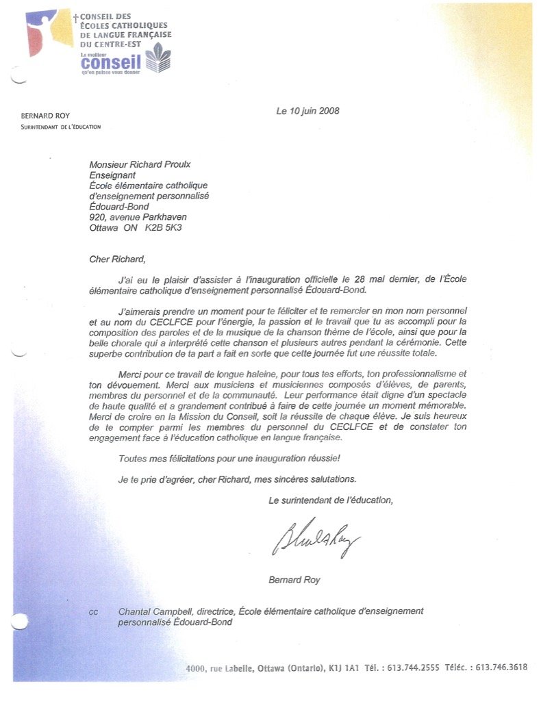 Lettre de référence de Bernard Roy pour Richard Gérard Proulx