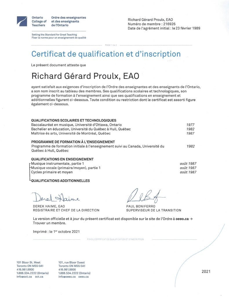 Qualifications de Richard Gérard Proulx