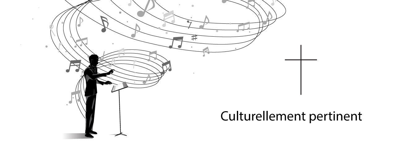 Chef d’orchestre entouré de notes de musique et d’une croix